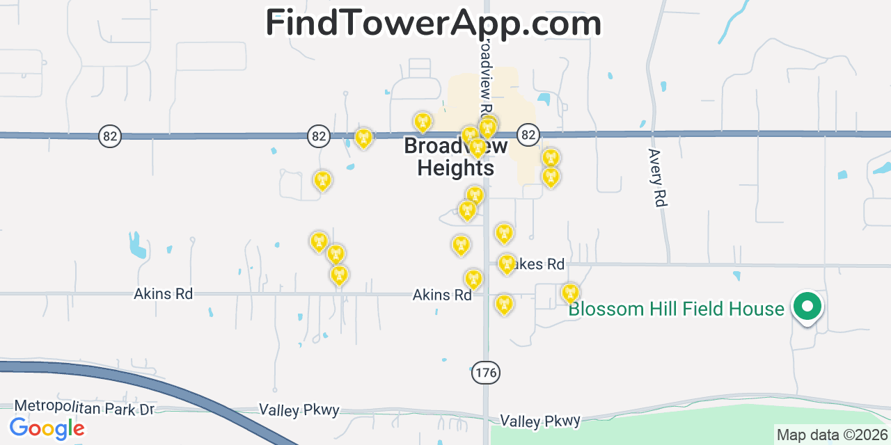 Map showing the 20 primary cell tower locations detected in Broadview Heights, Ohio from AT&T, Verizon, and T-Mobile networks