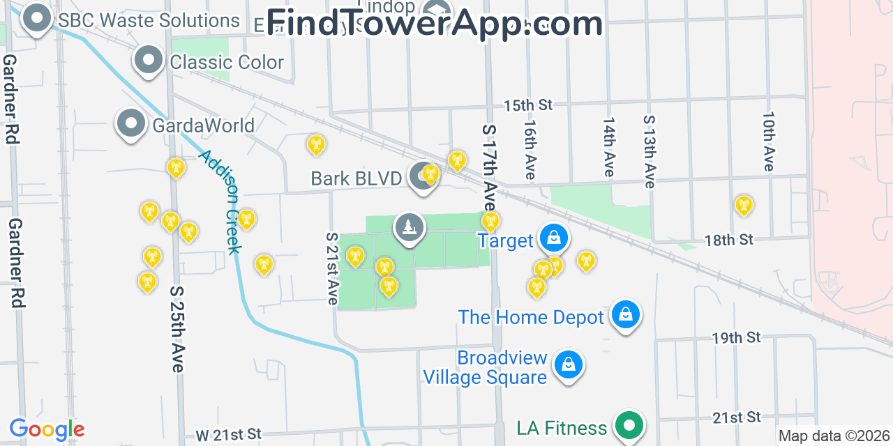 Map showing the 20 primary cell tower locations detected in Broadview, Illinois from AT&T, Verizon, and T-Mobile networks