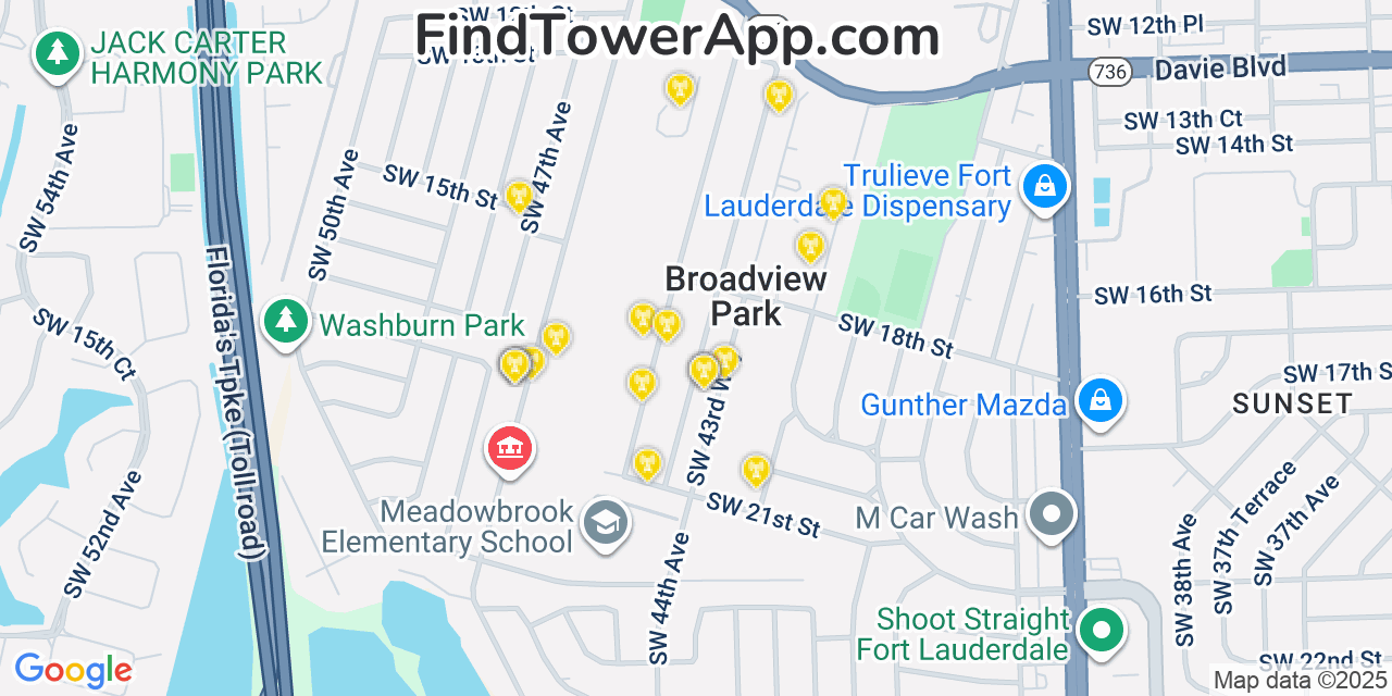 Map showing the 20 primary cell tower locations detected in Broadview Park, Florida from AT&T, Verizon, and T-Mobile networks