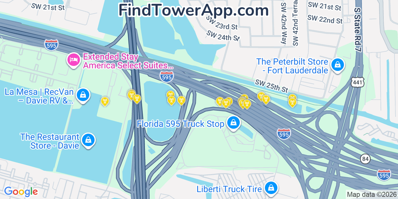 Map showing the 20 primary cell tower locations detected in Broadview Park, Florida from AT&T, Verizon, and T-Mobile networks