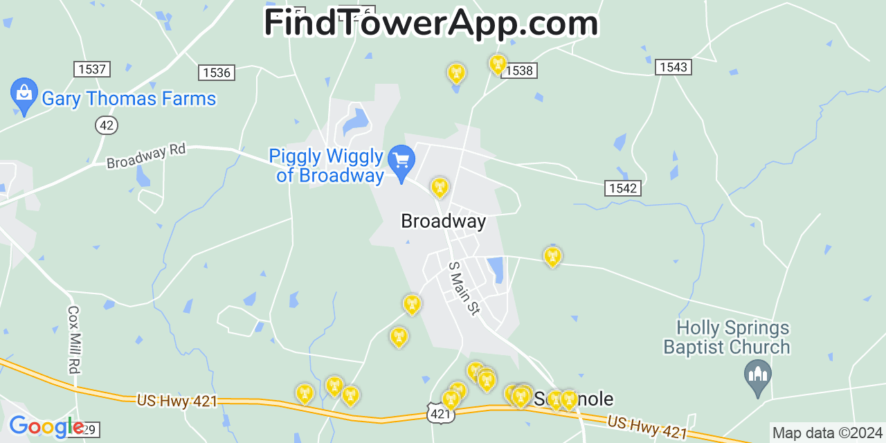 AT&T 4G/5G cell tower coverage map Broadway, North Carolina