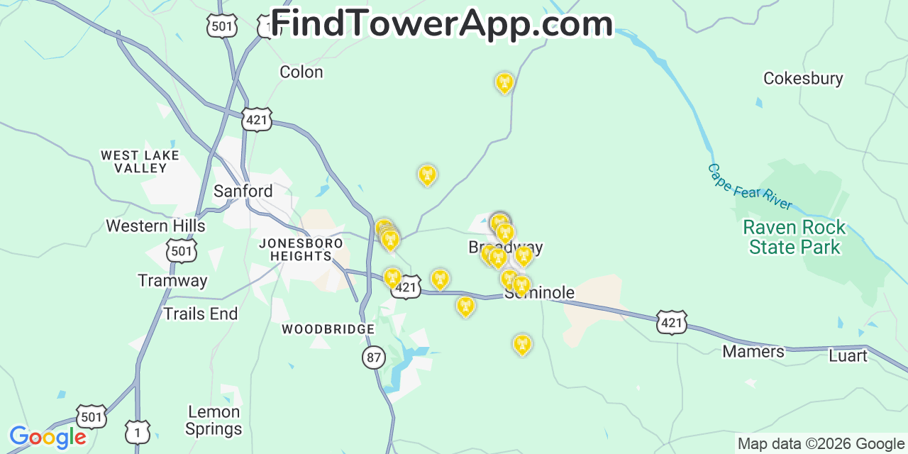 Map showing the 20 primary cell tower locations detected in Broadway, North Carolina from AT&T, Verizon, and T-Mobile networks
