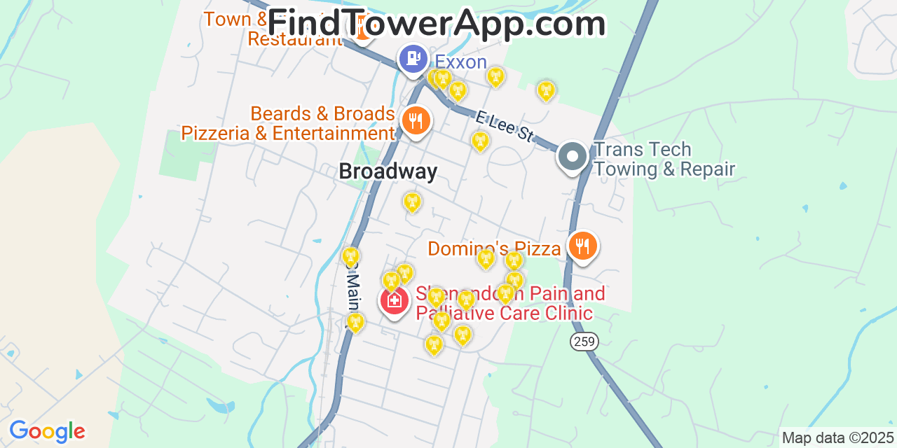 Map showing the 20 primary cell tower locations detected in Broadway, Virginia from AT&T, Verizon, and T-Mobile networks