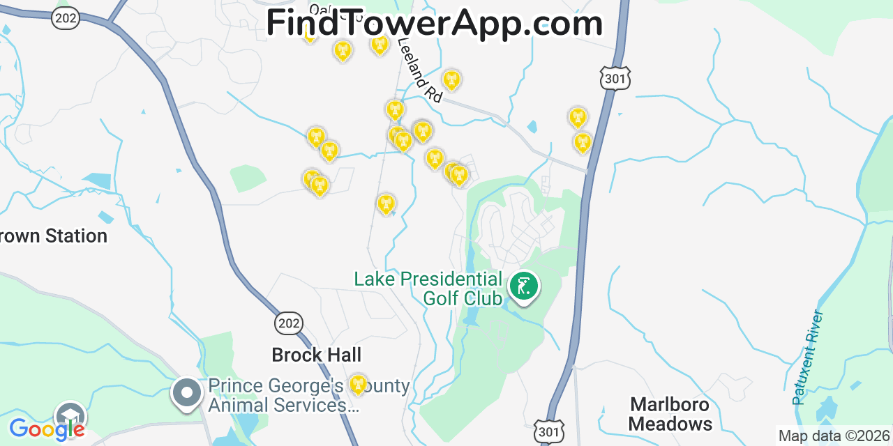 Map showing the 20 primary cell tower locations detected in Brock Hall, Maryland from AT&T, Verizon, and T-Mobile networks