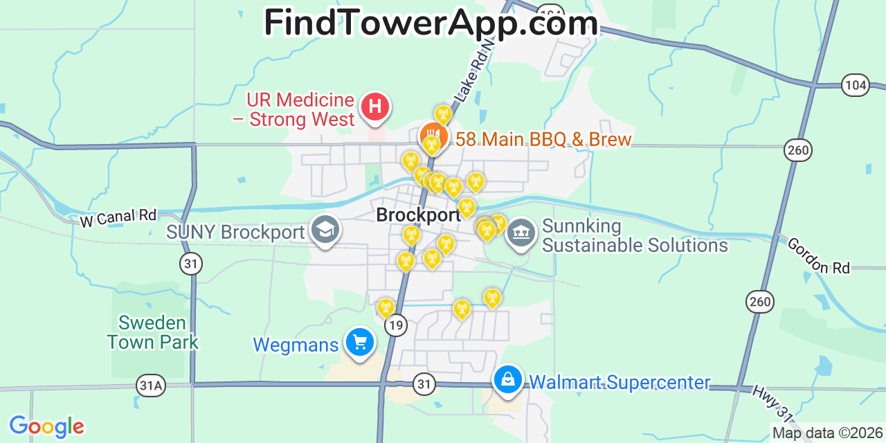 Map showing the 20 primary cell tower locations detected in Brockport, New York from AT&T, Verizon, and T-Mobile networks