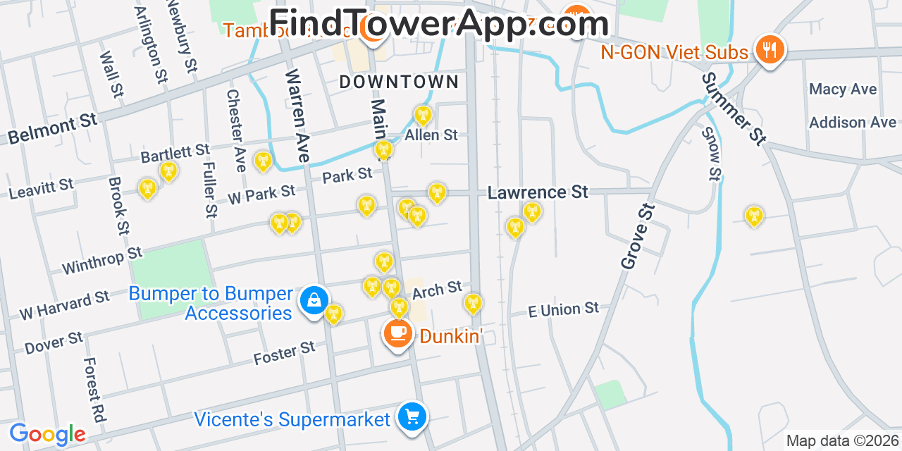 Map showing the 20 primary cell tower locations detected in Brockton, Massachusetts from AT&T, Verizon, and T-Mobile networks