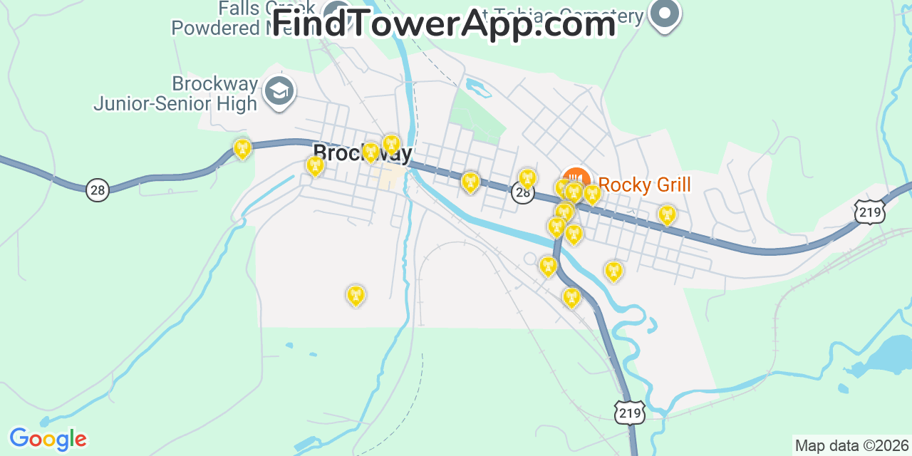 Map showing the 20 primary cell tower locations detected in Brockway, Pennsylvania from AT&T, Verizon, and T-Mobile networks