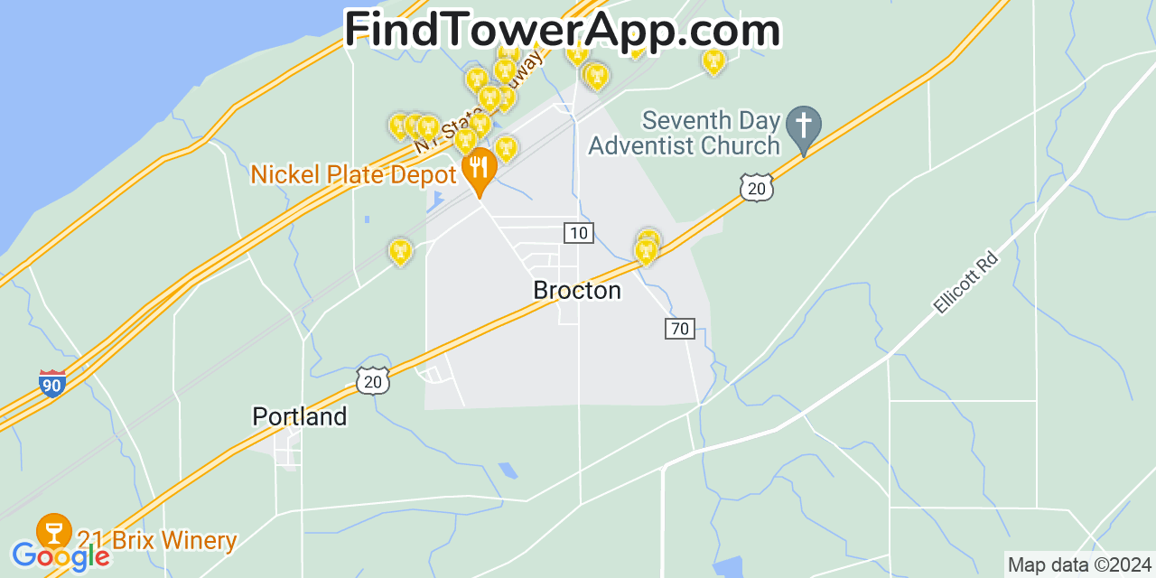 AT&T 4G/5G cell tower coverage map Brocton, New York