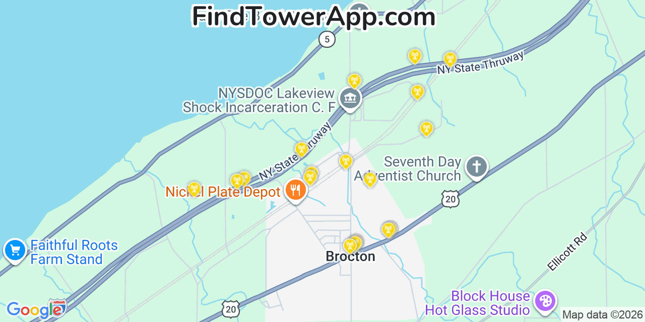 Map showing the 20 primary cell tower locations detected in Brocton, New York from AT&T, Verizon, and T-Mobile networks