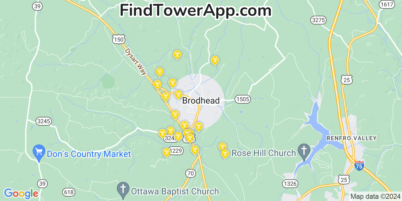 AT&T 4G/5G cell tower coverage map Brodhead, Kentucky