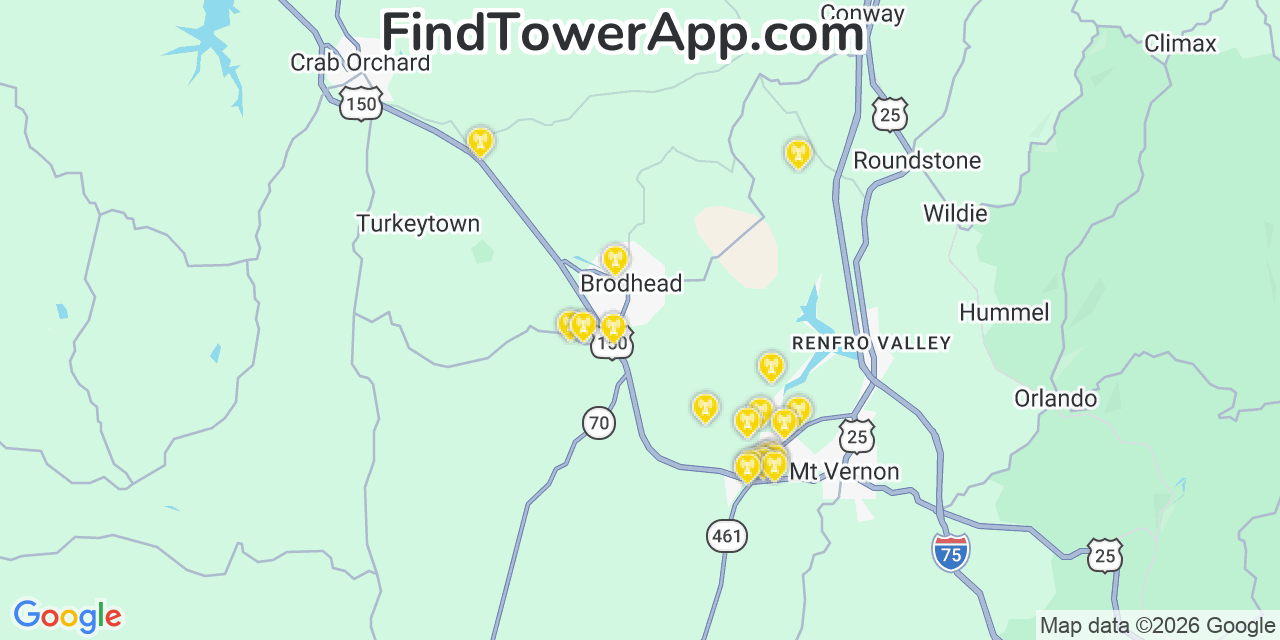 Map showing the 20 primary cell tower locations detected in Brodhead, Kentucky from AT&T, Verizon, and T-Mobile networks