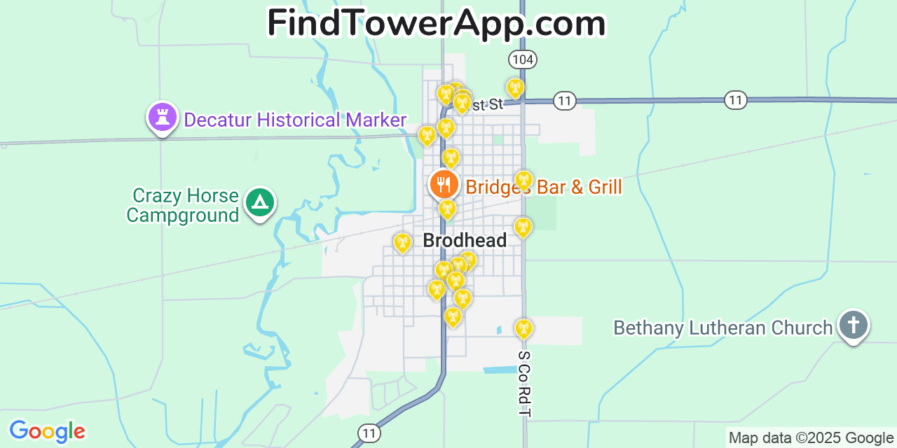 Map showing the 20 primary cell tower locations detected in Brodhead, Wisconsin from AT&T, Verizon, and T-Mobile networks