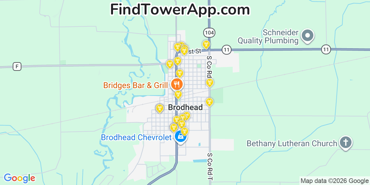 Map showing the 20 primary cell tower locations detected in Brodhead, Wisconsin from AT&T, Verizon, and T-Mobile networks