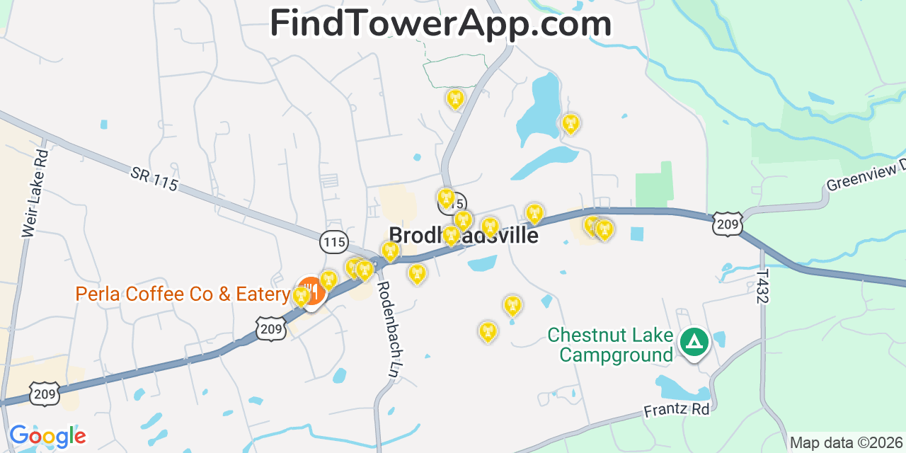 Map showing the 20 primary cell tower locations detected in Brodheadsville, Pennsylvania from AT&T, Verizon, and T-Mobile networks
