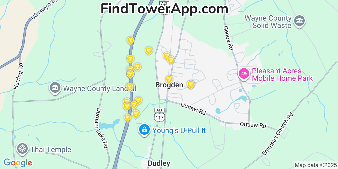 Map showing the 20 primary cell tower locations detected in Brogden, North Carolina from AT&T, Verizon, and T-Mobile networks