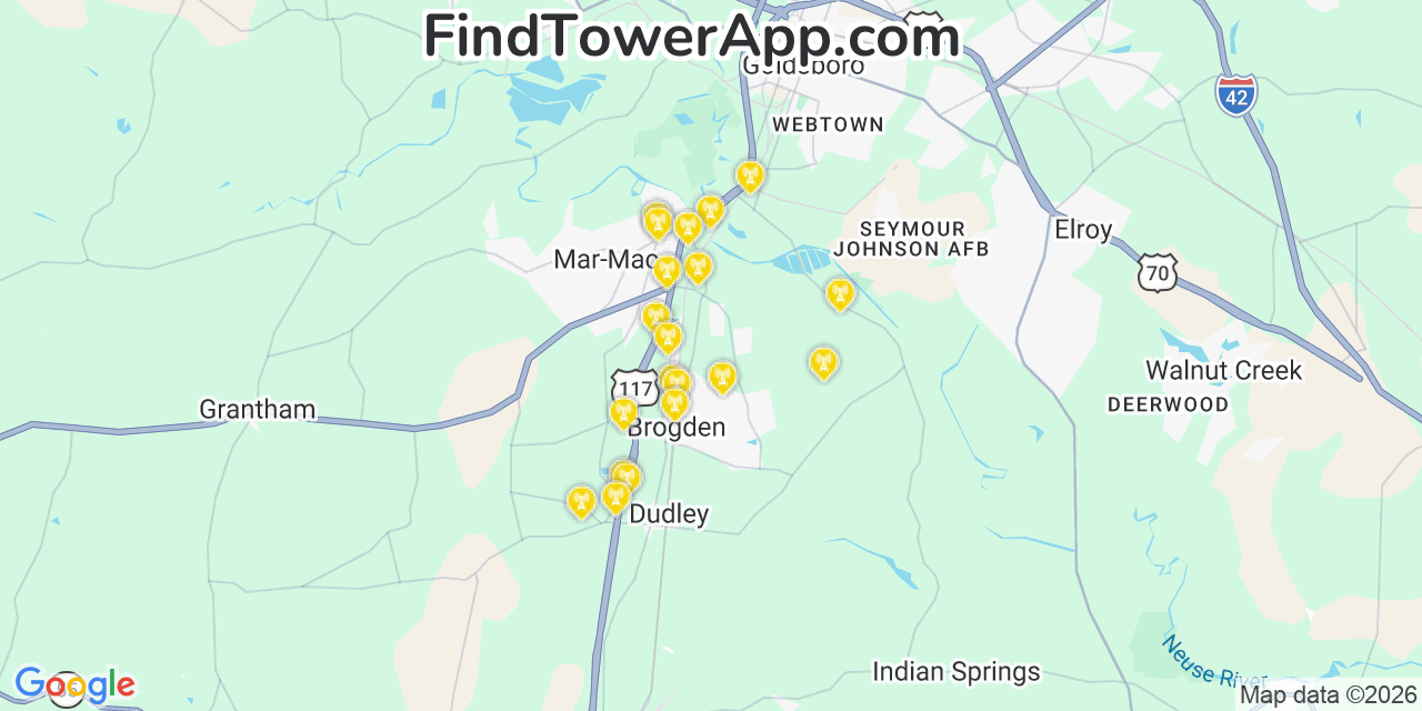 Map showing the 20 primary cell tower locations detected in Brogden, North Carolina from AT&T, Verizon, and T-Mobile networks