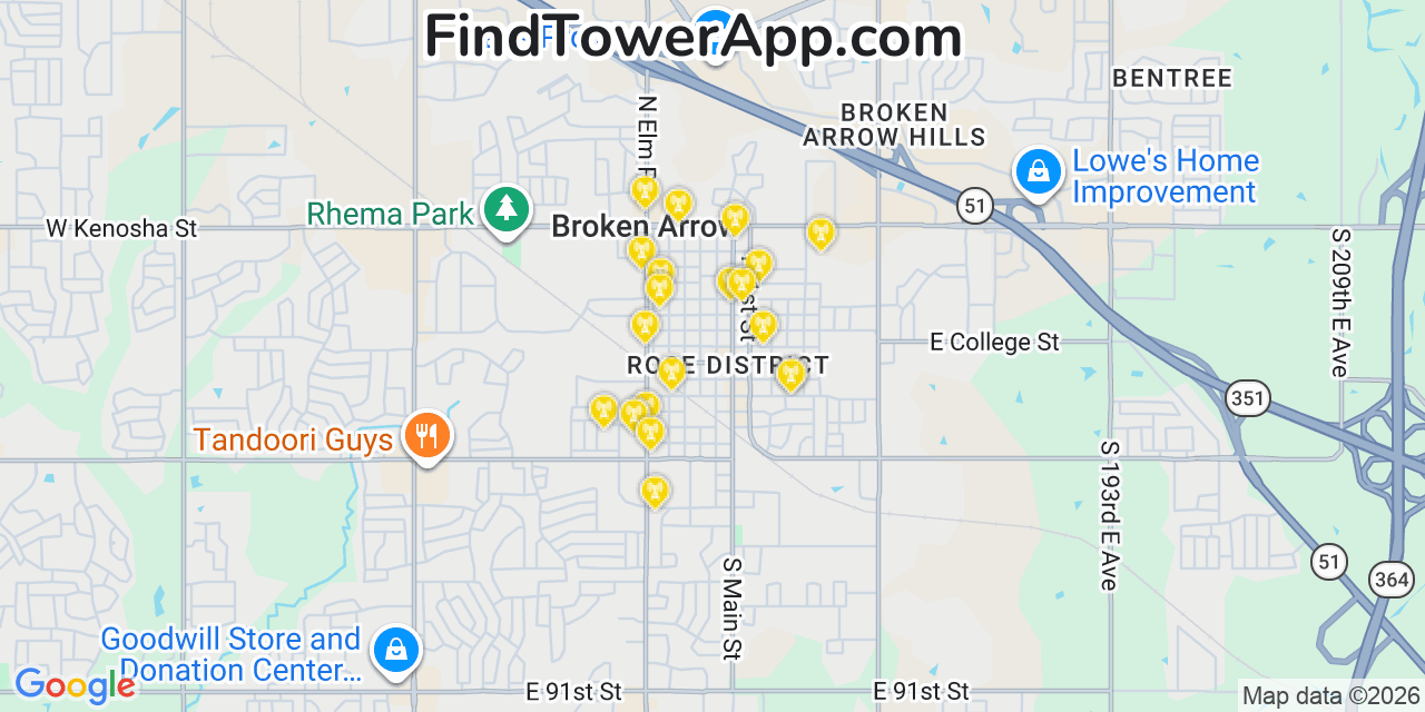 Map showing the 20 primary cell tower locations detected in Broken Arrow, Oklahoma from AT&T, Verizon, and T-Mobile networks