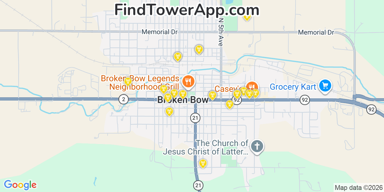 Map showing the 20 primary cell tower locations detected in Broken Bow, Nebraska from AT&T, Verizon, and T-Mobile networks