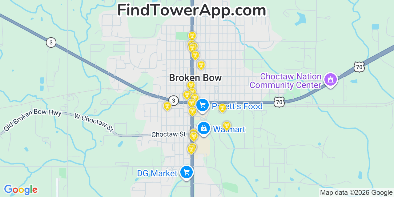Map showing the 20 primary cell tower locations detected in Broken Bow, Oklahoma from AT&T, Verizon, and T-Mobile networks