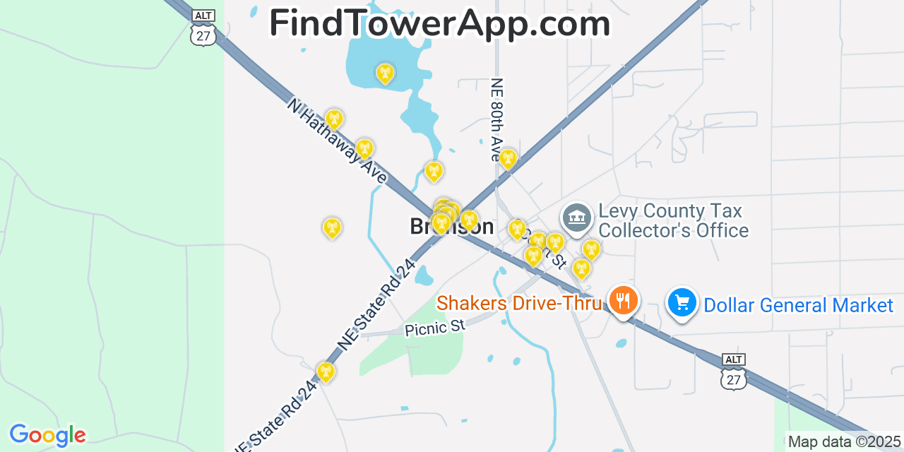 Map showing the 20 primary cell tower locations detected in Bronson, Florida from AT&T, Verizon, and T-Mobile networks
