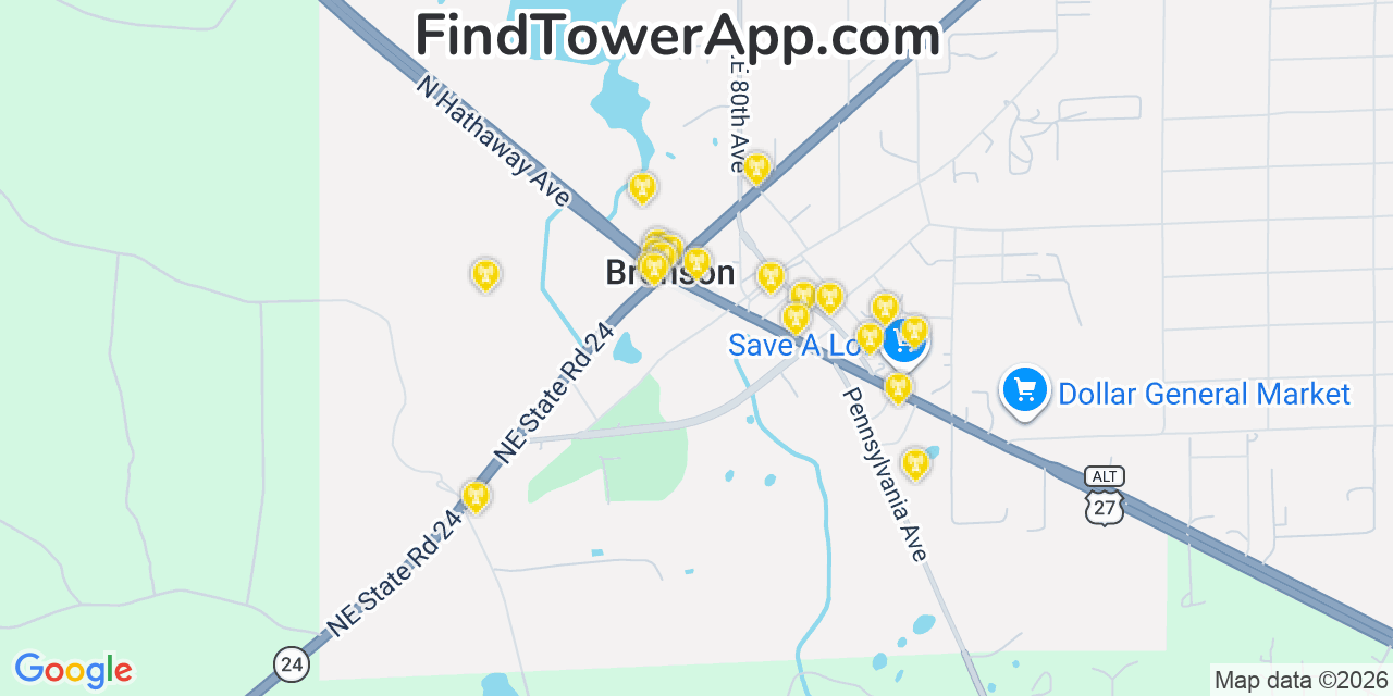 Map showing the 20 primary cell tower locations detected in Bronson, Florida from AT&T, Verizon, and T-Mobile networks
