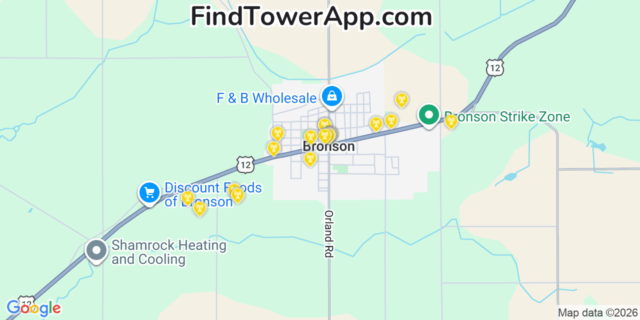 Map showing the 20 primary cell tower locations detected in Bronson, Michigan from AT&T, Verizon, and T-Mobile networks