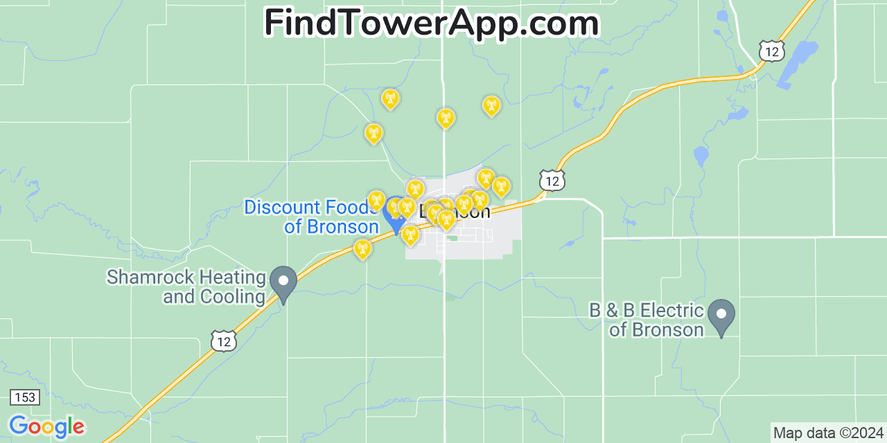 Verizon 4G/5G cell tower coverage map Bronson, Michigan