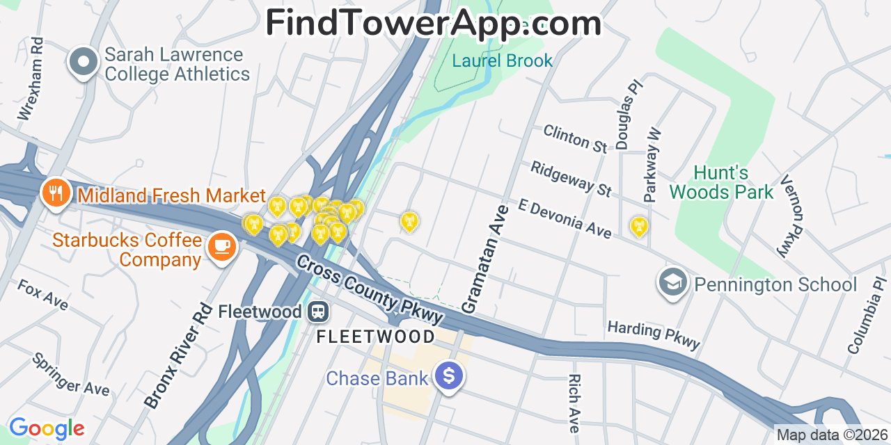 Map showing the 20 primary cell tower locations detected in Bronxville, New York from AT&T, Verizon, and T-Mobile networks