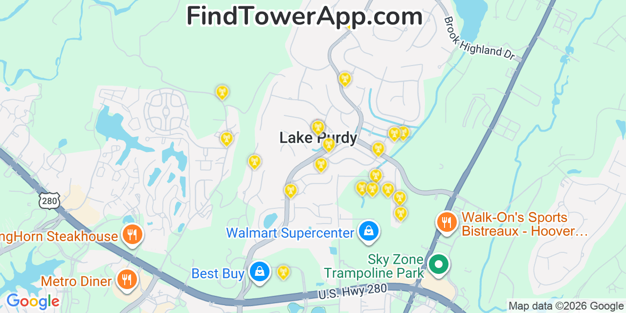 Map showing the 20 primary cell tower locations detected in Brook Highland, Alabama from AT&T, Verizon, and T-Mobile networks