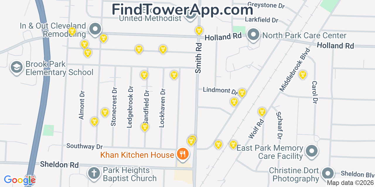 Map showing the 20 primary cell tower locations detected in Brook Park, Ohio from AT&T, Verizon, and T-Mobile networks