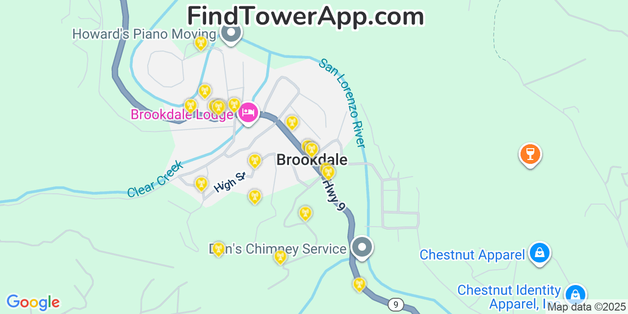 Map showing the 20 primary cell tower locations detected in Brookdale, California from AT&T, Verizon, and T-Mobile networks