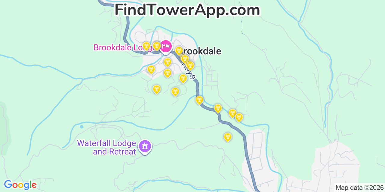 Map showing the 20 primary cell tower locations detected in Brookdale, California from AT&T, Verizon, and T-Mobile networks