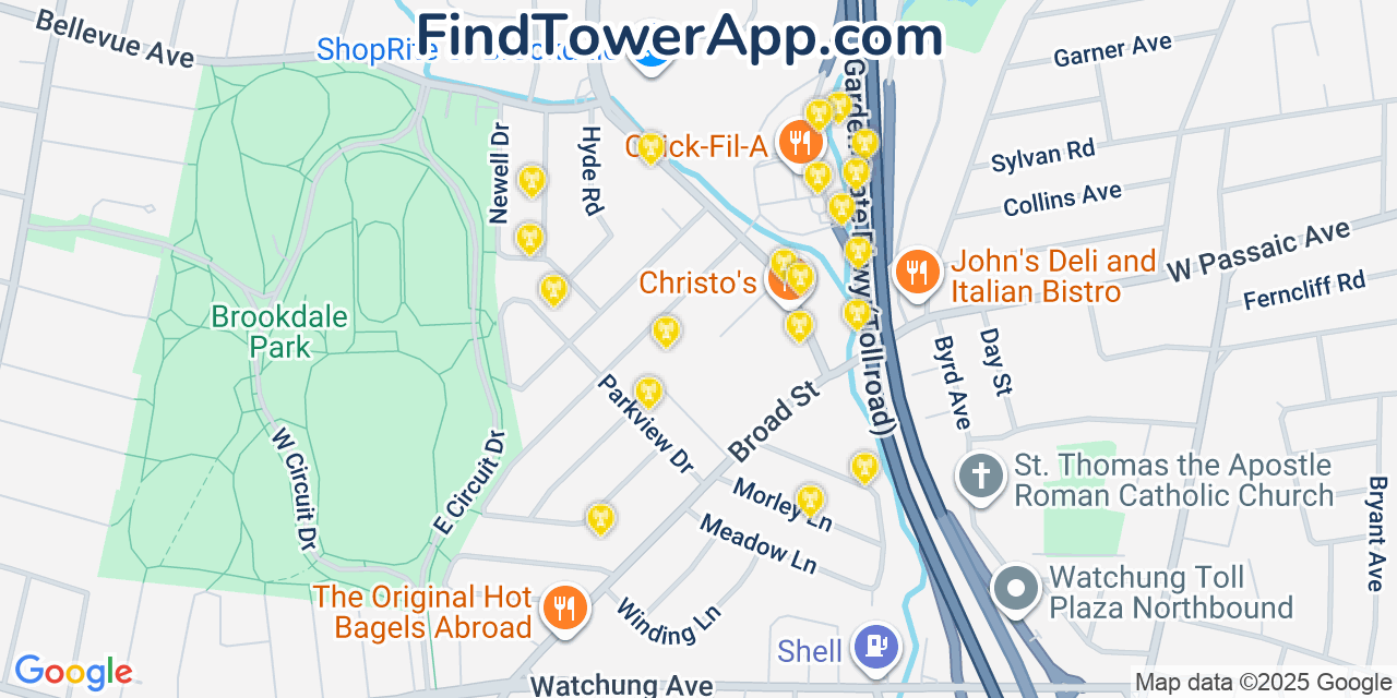 Map showing the 20 primary cell tower locations detected in Brookdale, New Jersey from AT&T, Verizon, and T-Mobile networks