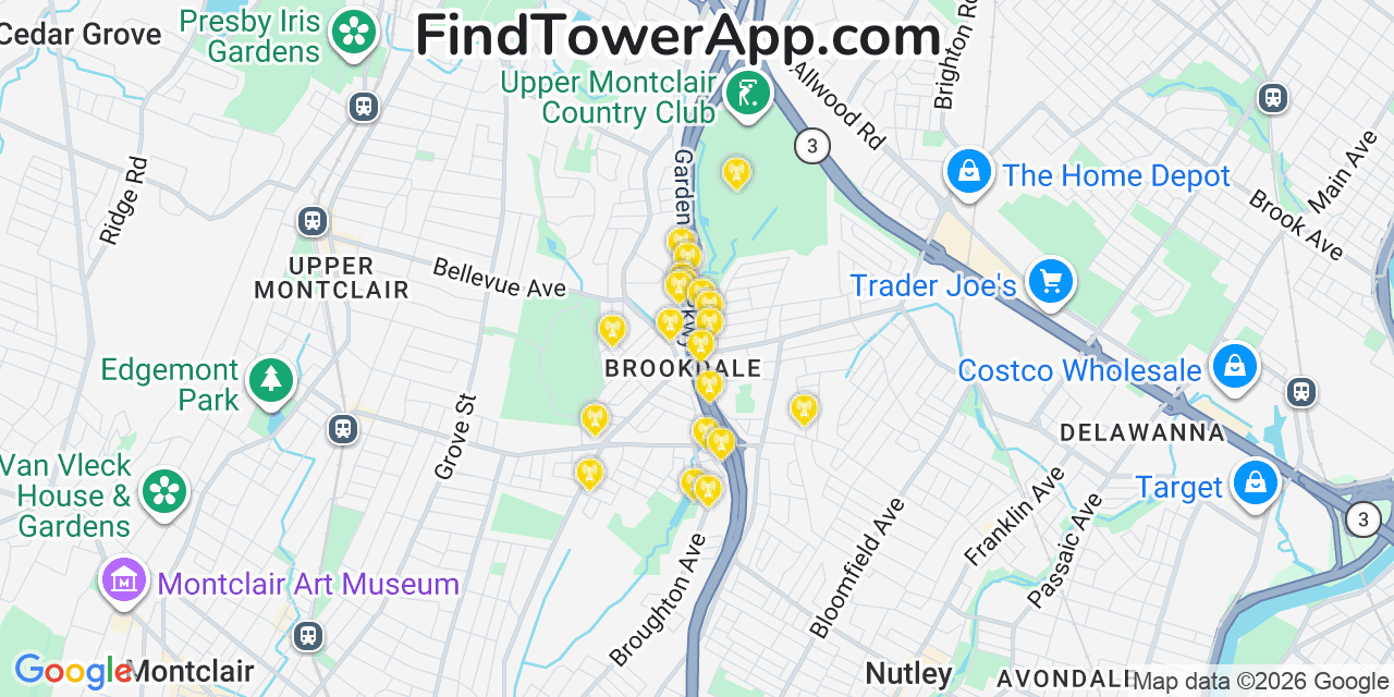 Map showing the 20 primary cell tower locations detected in Brookdale, New Jersey from AT&T, Verizon, and T-Mobile networks