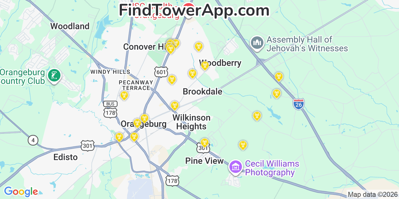 Map showing the 20 primary cell tower locations detected in Brookdale, South Carolina from AT&T, Verizon, and T-Mobile networks