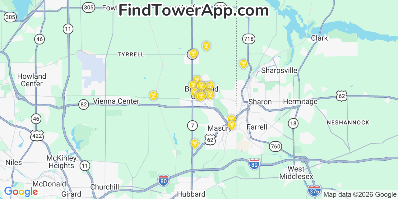 Map showing the 20 primary cell tower locations detected in Brookfield Center, Ohio from AT&T, Verizon, and T-Mobile networks