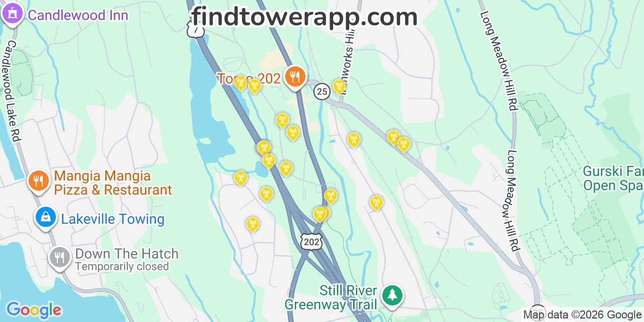 Map showing the 20 primary cell tower locations detected in Brookfield, Connecticut from AT&T, Verizon, and T-Mobile networks