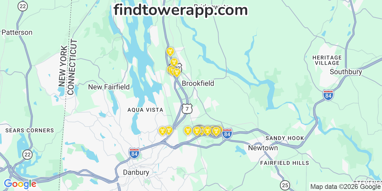 Map showing the 25 primary T-Mobile cell tower locations detected in Brookfield, Connecticut with coverage radius and signal strength indicators