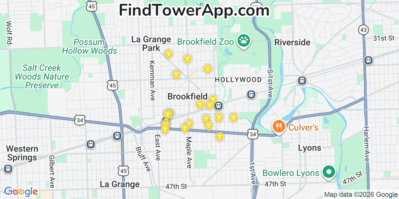 Map showing the 20 primary cell tower locations detected in Brookfield, Illinois from AT&T, Verizon, and T-Mobile networks
