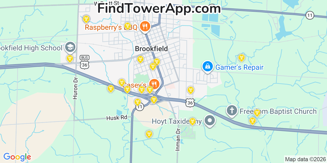 Map showing the 20 primary cell tower locations detected in Brookfield, Missouri from AT&T, Verizon, and T-Mobile networks