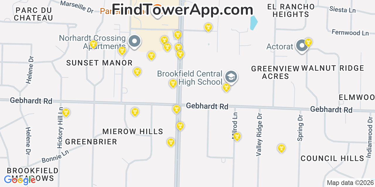 Map showing the 20 primary cell tower locations detected in Brookfield, Wisconsin from AT&T, Verizon, and T-Mobile networks