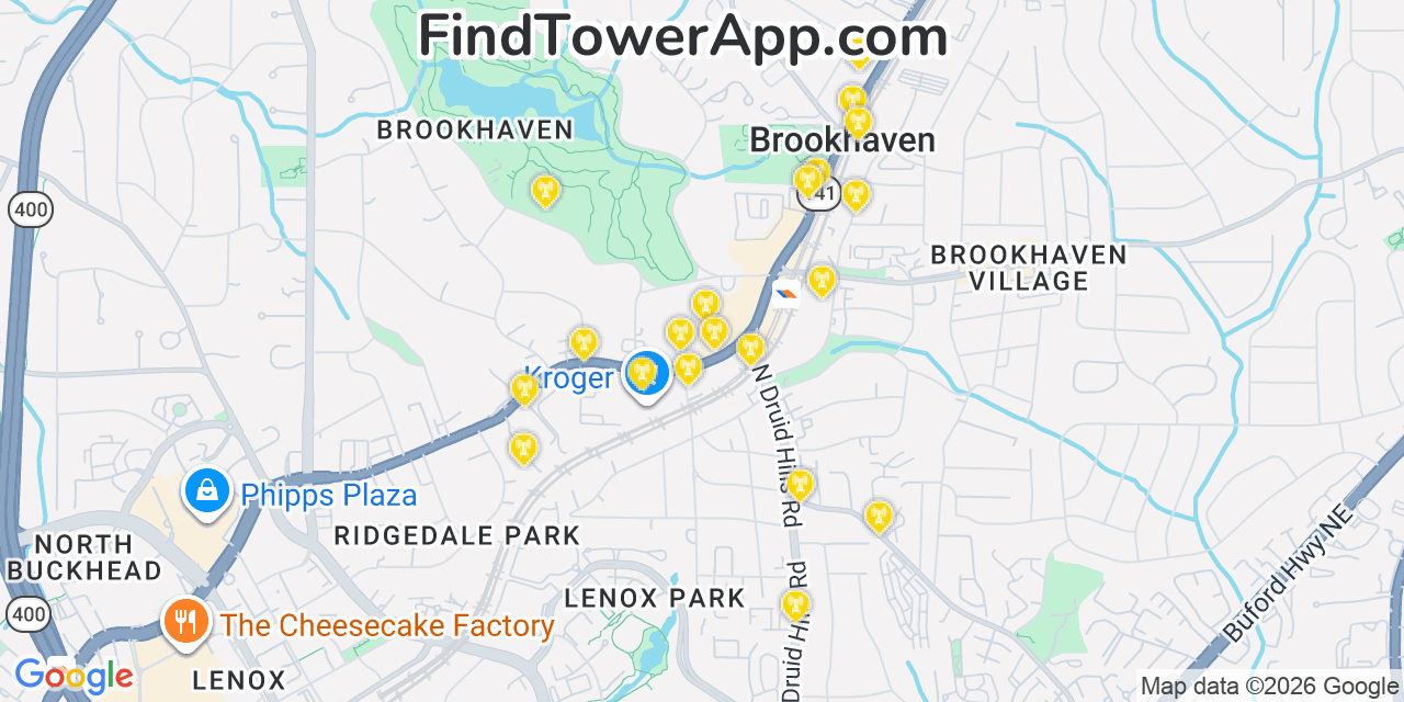 Map showing the 20 primary cell tower locations detected in Brookhaven, Georgia from AT&T, Verizon, and T-Mobile networks