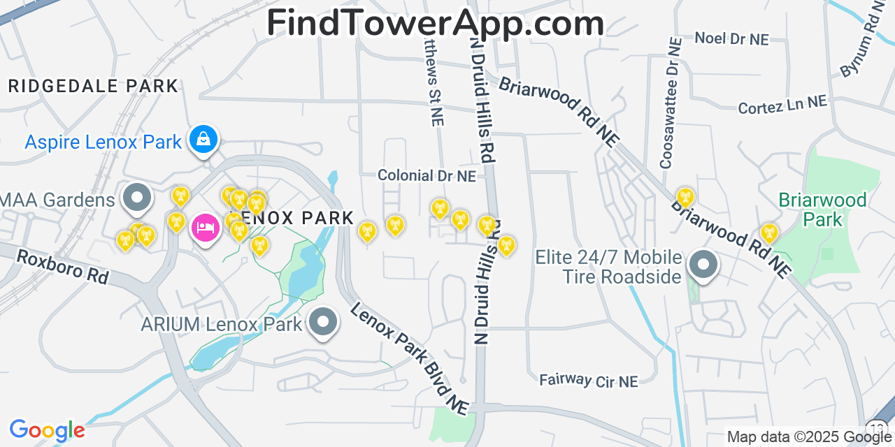 Map showing the 20 primary Mobitel cell tower locations detected in Brookhaven, Georgia with coverage radius and signal strength indicators