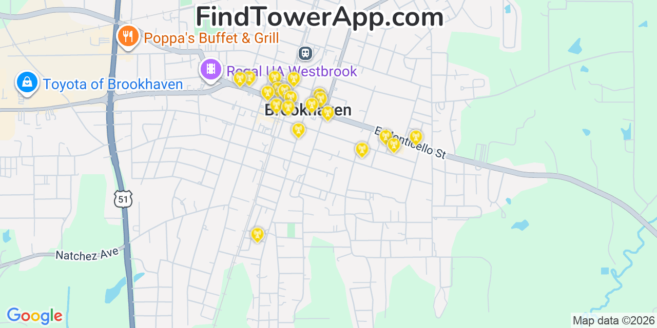 Map showing the 20 primary cell tower locations detected in Brookhaven, Mississippi from AT&T, Verizon, and T-Mobile networks