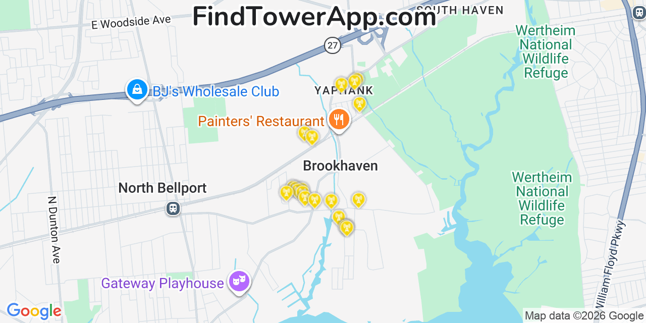 Map showing the 20 primary cell tower locations detected in Brookhaven, New York from AT&T, Verizon, and T-Mobile networks