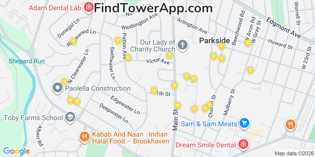 Map showing the 20 primary cell tower locations detected in Brookhaven, Pennsylvania from AT&T, Verizon, and T-Mobile networks