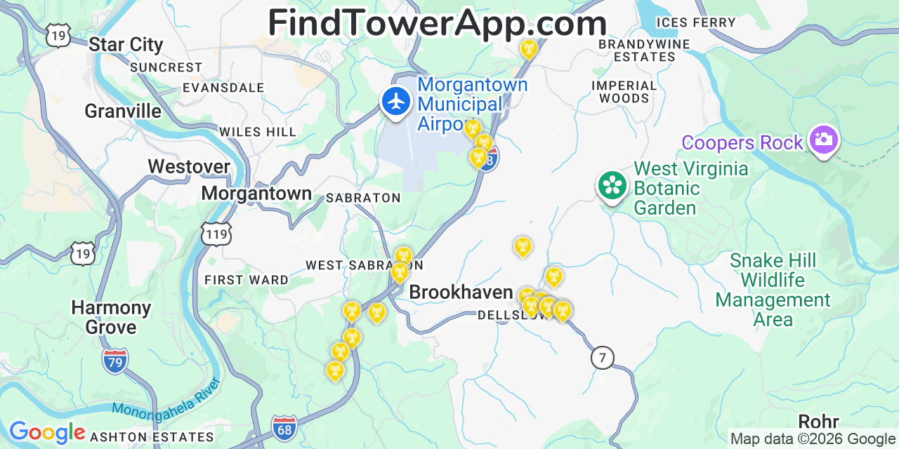 Map showing the 20 primary cell tower locations detected in Brookhaven, West Virginia from AT&T, Verizon, and T-Mobile networks