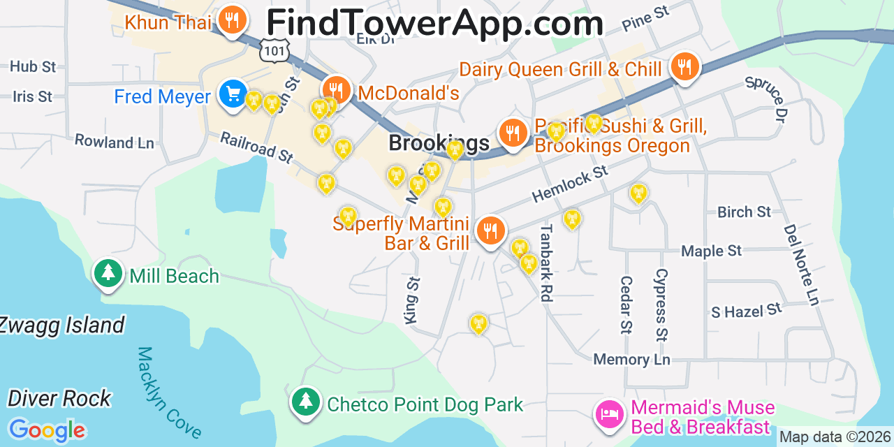 Map showing the 20 primary cell tower locations detected in Brookings, Oregon from AT&T, Verizon, and T-Mobile networks