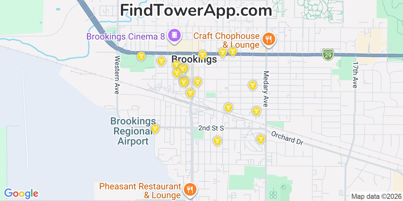 Map showing the 20 primary cell tower locations detected in Brookings, South Dakota from AT&T, Verizon, and T-Mobile networks