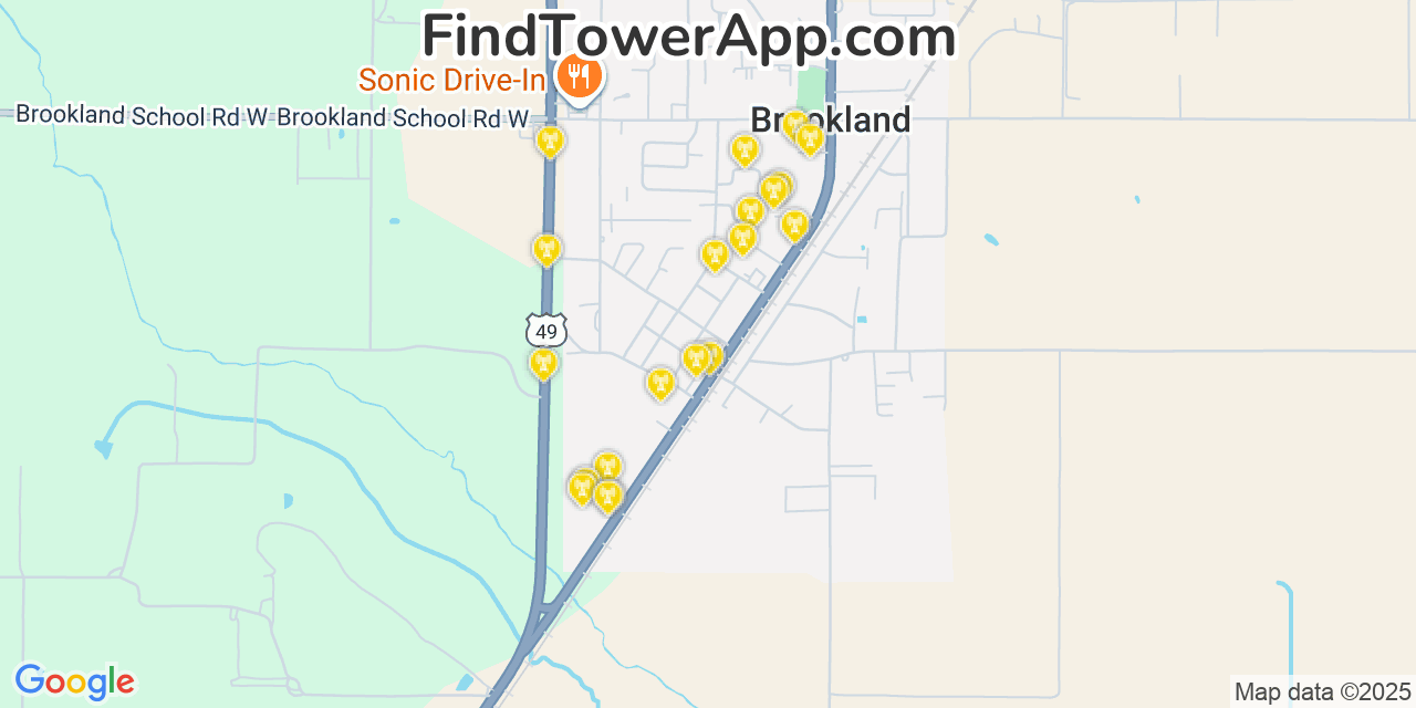 Map showing the 20 primary cell tower locations detected in Brookland, Arkansas from AT&T, Verizon, and T-Mobile networks